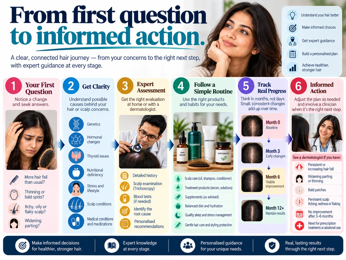 A connected hair journey, from first question to informed action.