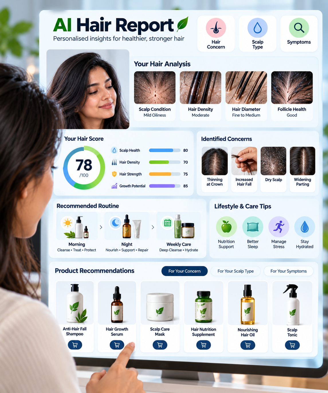 Luxury dark interface showing a hair assessment report with density mapping, pattern classification and a recommended routine