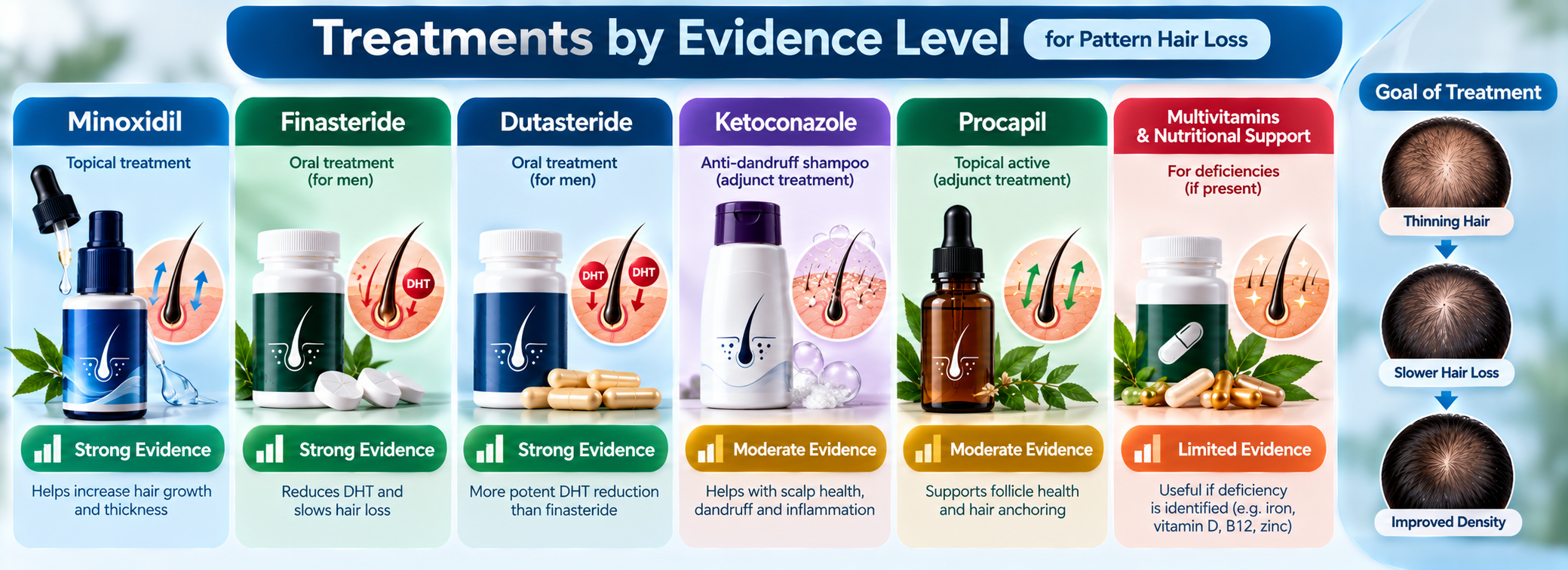 Pattern hair loss treatments by evidence level including Minoxidil, Finasteride, Dutasteride, Ketoconazole, Procapil, and nutritional support