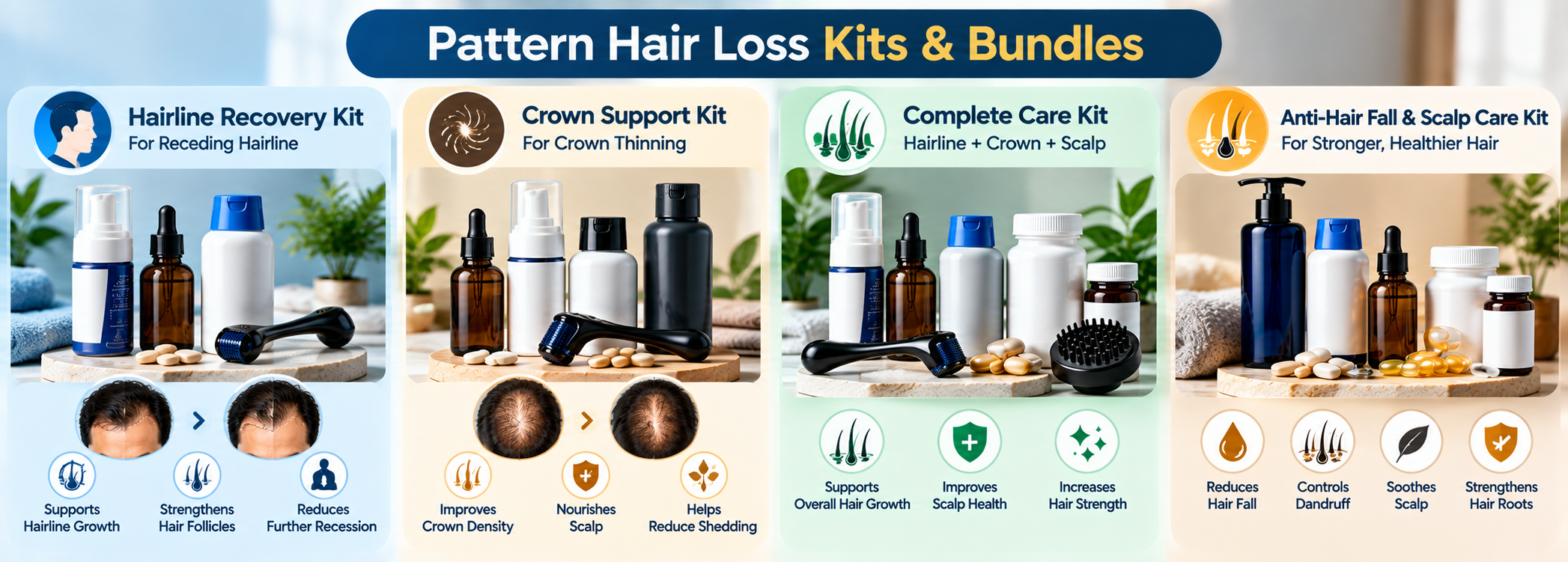 Pattern hair loss support kits for hairline, crown, scalp care and overall hair health