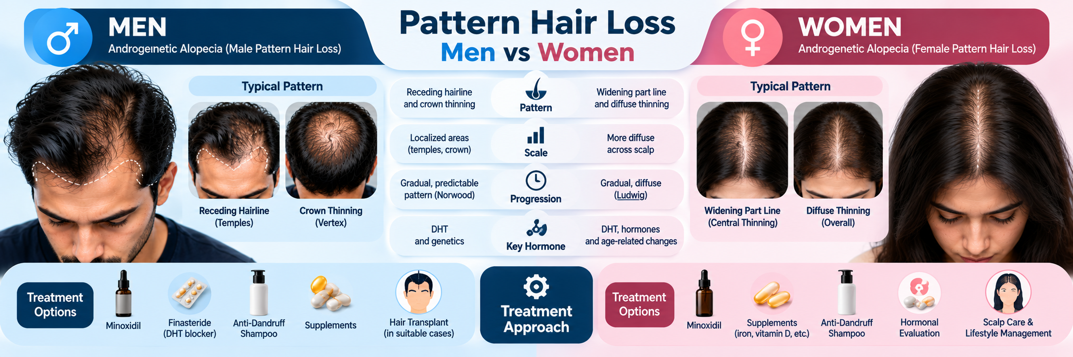 Pattern hair loss in men vs women showing receding hairline, crown thinning, widening part and diffuse thinning