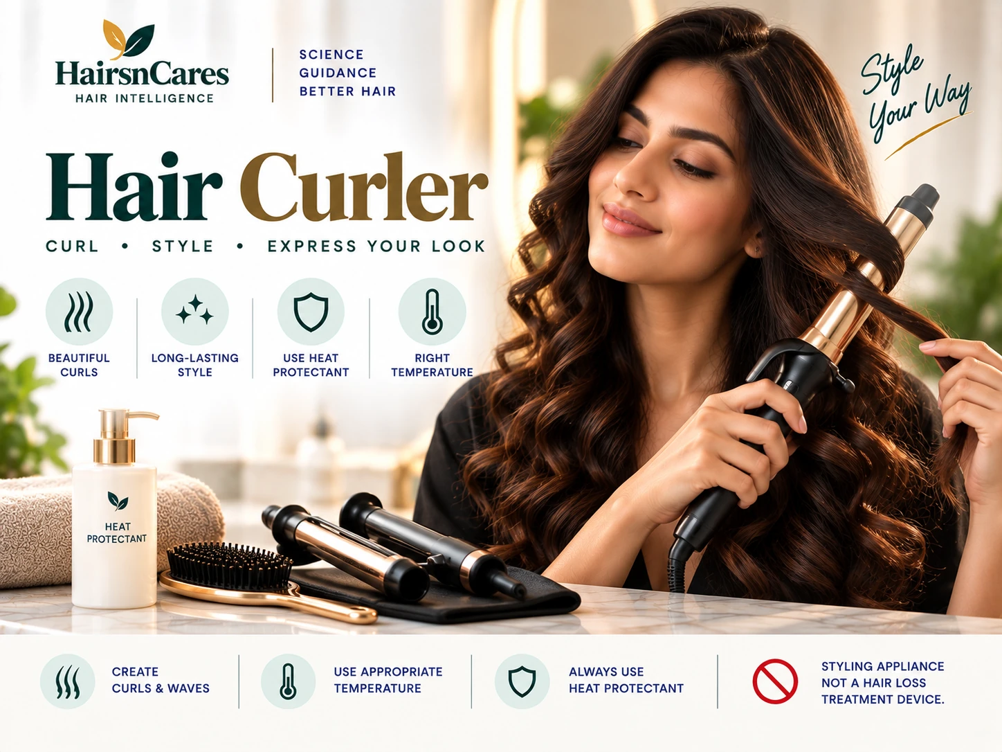 Hair curler for creating curls and waves with controlled temperature and heat protection