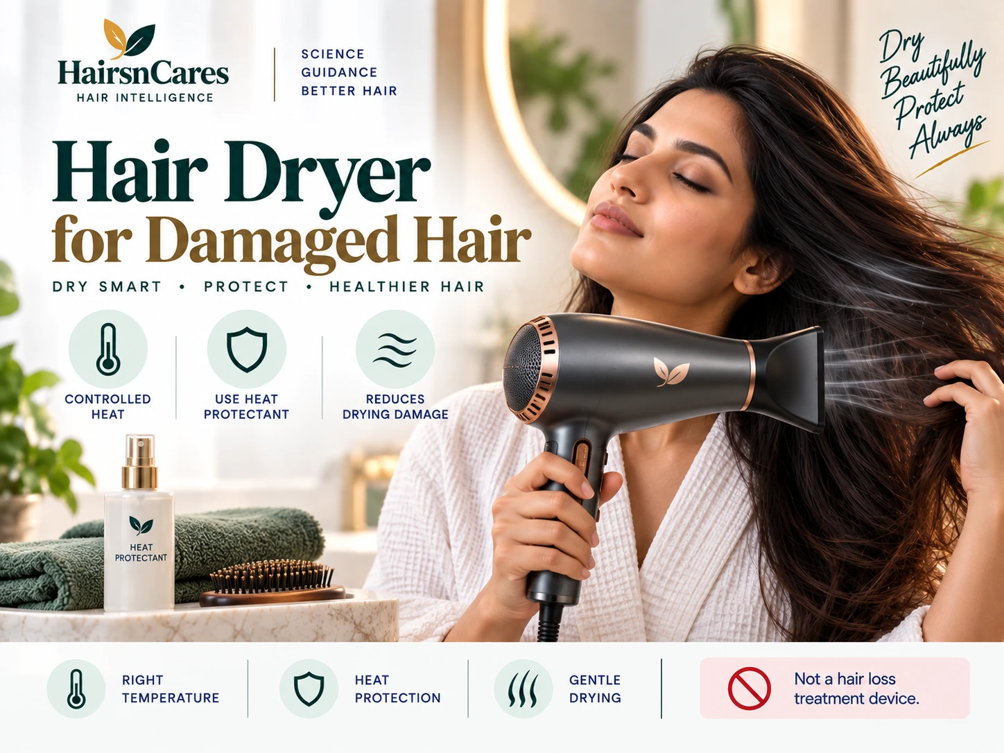 Hair dryer for damaged hair with controlled heat settings and heat protection for gentler drying