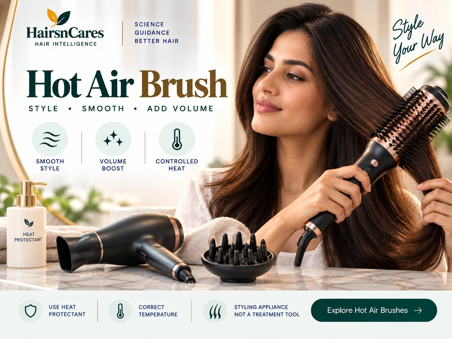 Hot air brush for hair smoothing volume and styling with controlled heat and heat protectant