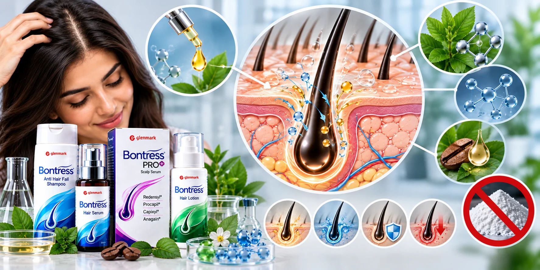 Bontress scalp serum and haircare products with a hair follicle illustration showing cosmetic ingredients, scalp interactions and potential sensitivity.
