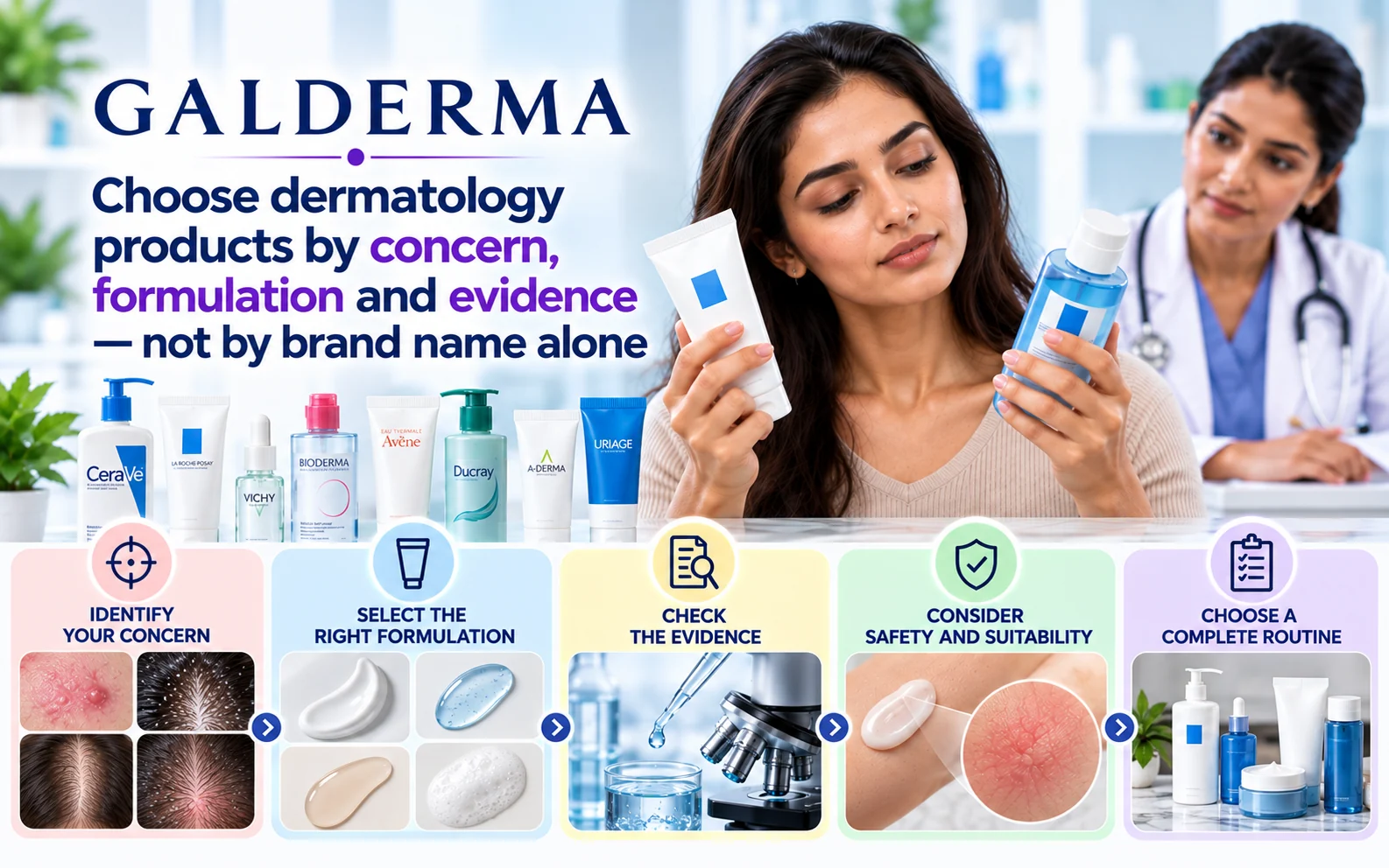 Dermatology product selection infographic showing a woman comparing skincare products and five steps covering skin concerns, formulations, clinical evidence, safety and skincare routines.