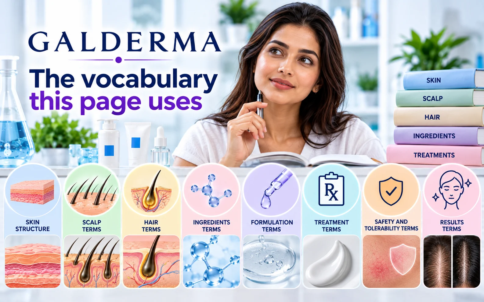 Galderma dermatology vocabulary infographic explaining skin structure, scalp terminology, hair follicles, ingredients, formulations, treatments, safety and results.
