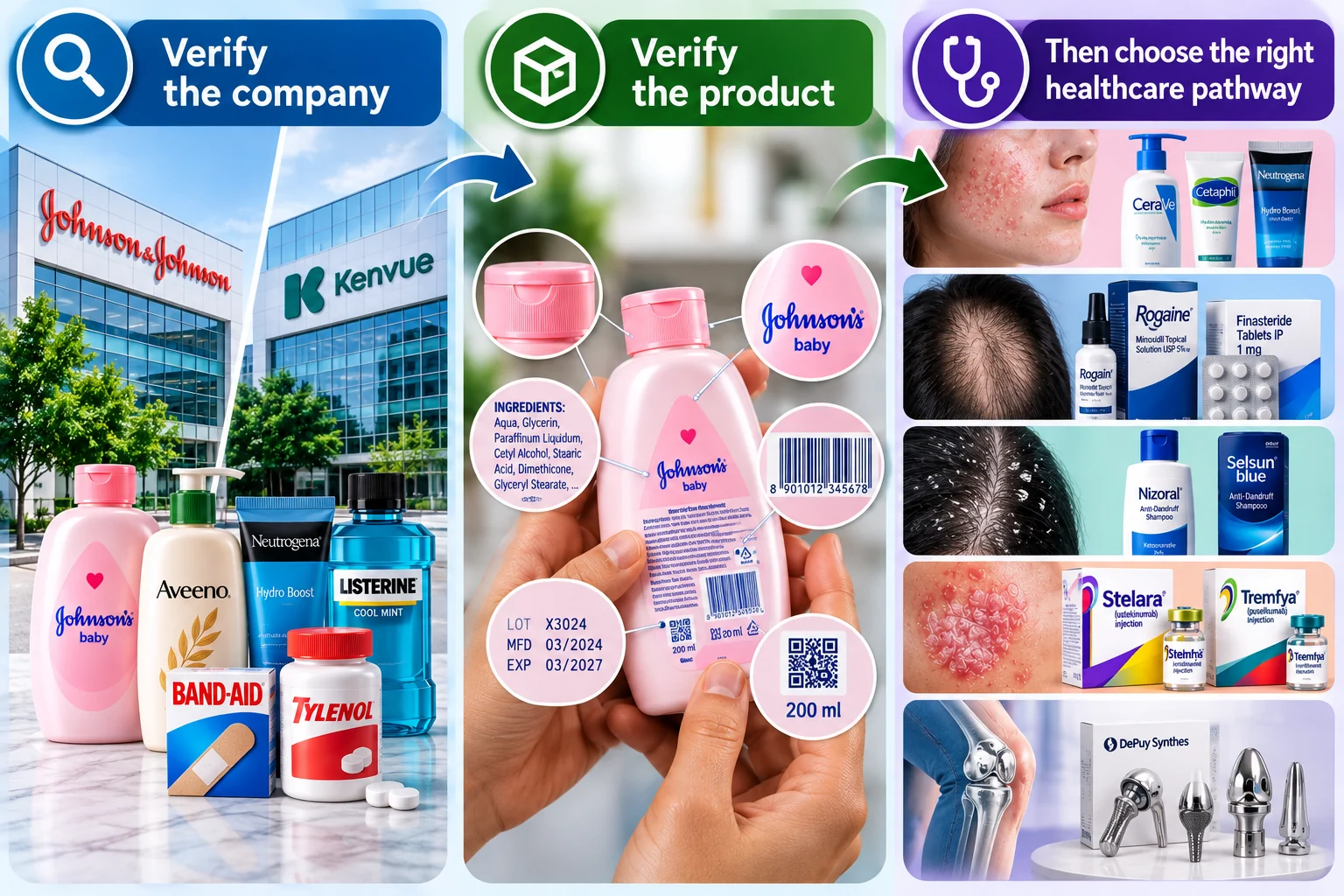 Johnson & Johnson healthcare verification guide showing J&J and Kenvue brand ownership, Johnson's Baby product packaging checks, and treatment pathways for skin, hair, scalp and orthopedic concerns.