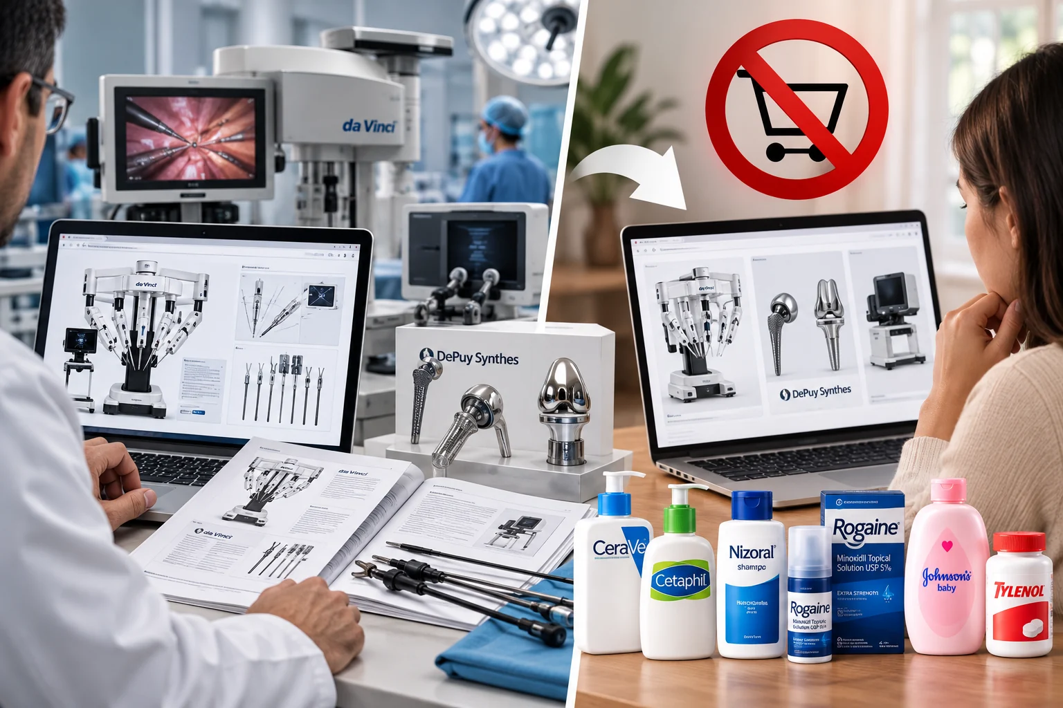 Johnson & Johnson MedTech availability comparison showing hospital surgical equipment, DePuy Synthes orthopedic implants, professional medical device documentation and consumer healthcare products.