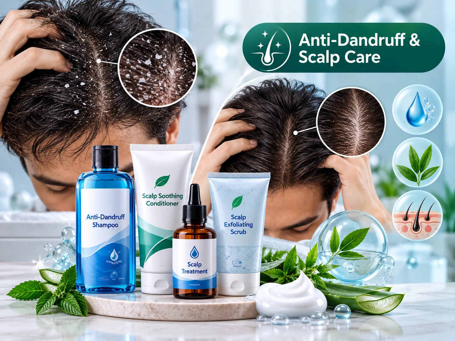Anti-dandruff and scalp care visual showing flaky scalp versus clear scalp, with labelled anti-dandruff shampoo, scalp soothing conditioner, scalp treatment and exfoliating scrub.