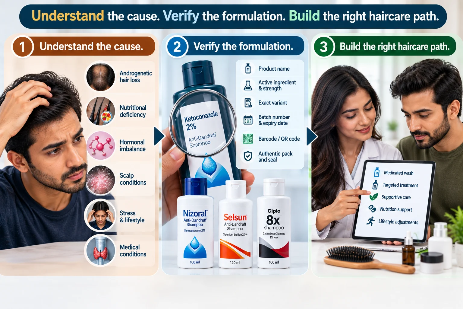 Three-step haircare infographic showing a man checking hair thinning, medicated shampoo formulation verification with labelled Nizoral, Selsun and Cipla 8X bottles, and a dermatologist developing a personalised haircare routine.