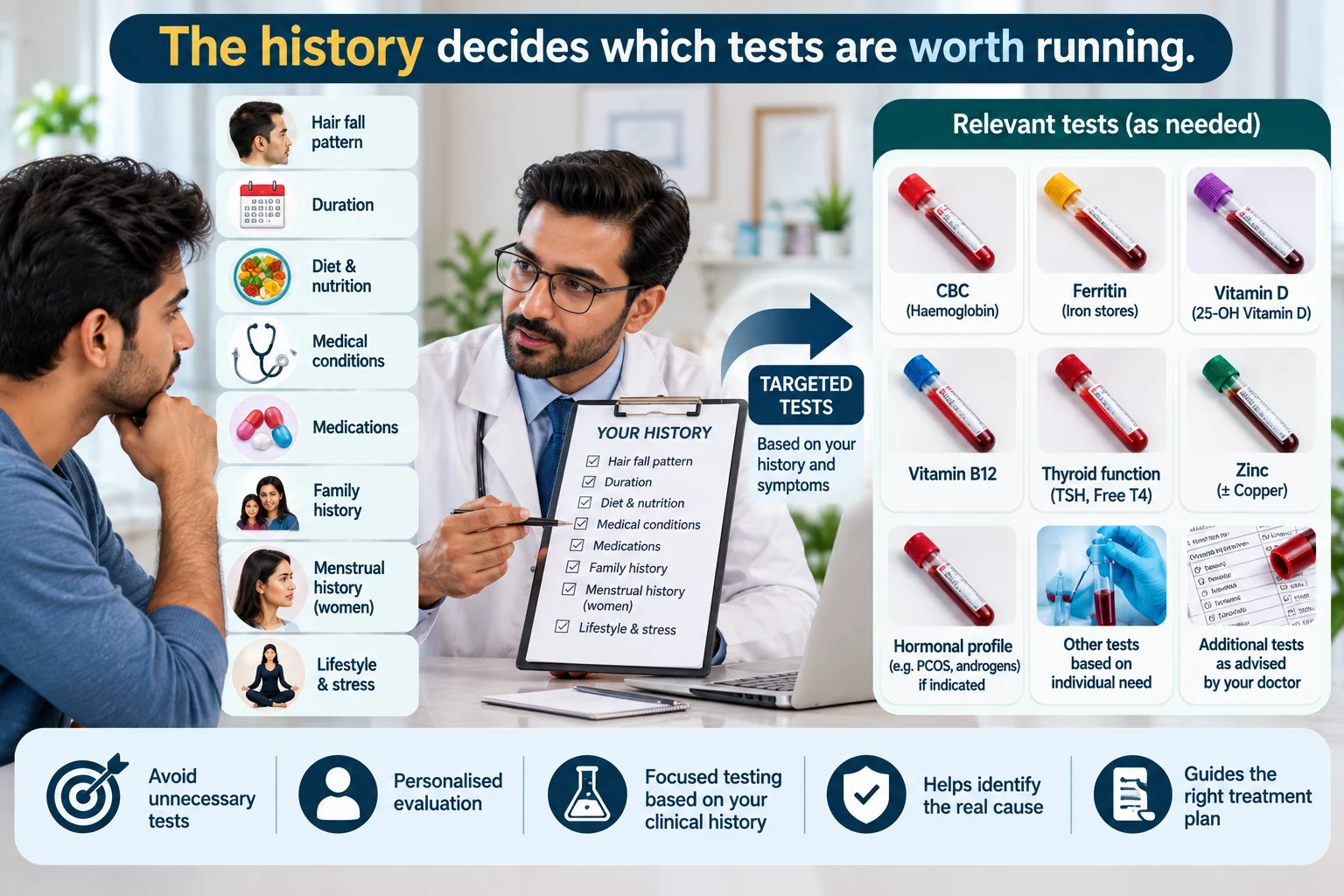 Dermatologist reviewing a patient's hair loss history, shedding pattern, diet, medications, family history and symptoms to select appropriate blood tests such as CBC, ferritin, thyroid function and vitamin B12.