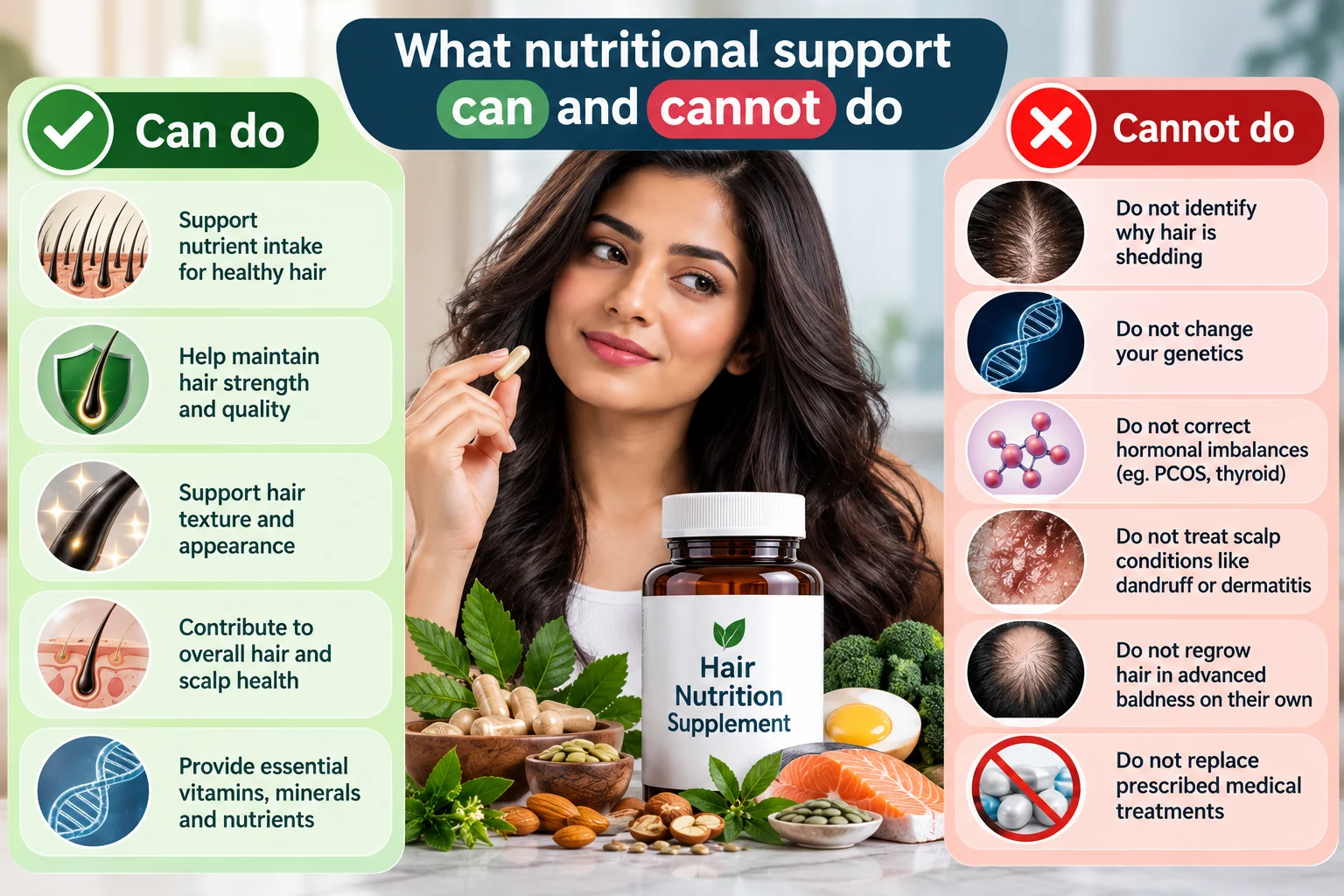 Hair nutrition supplement infographic comparing what vitamins and minerals can support with what supplements cannot do, including diagnosing hair shedding, treating hormonal conditions or reversing advanced baldness.