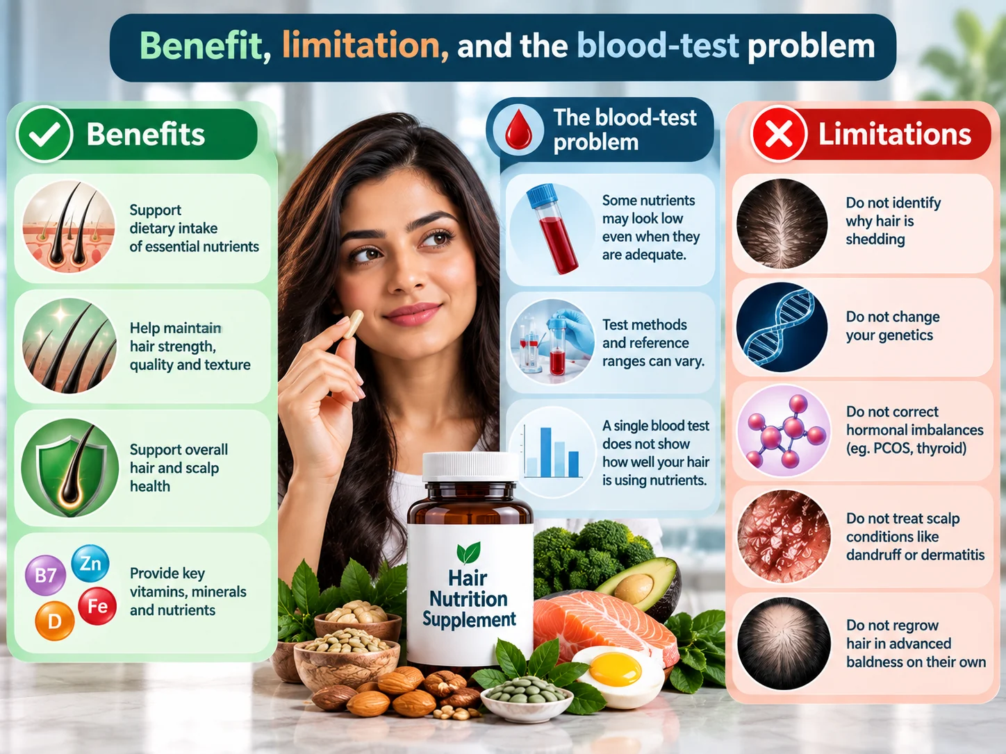 Hair nutrition supplement infographic showing nutritional benefits, hair supplement limitations and blood-test considerations, including vitamins, minerals, laboratory testing and hair shedding causes.