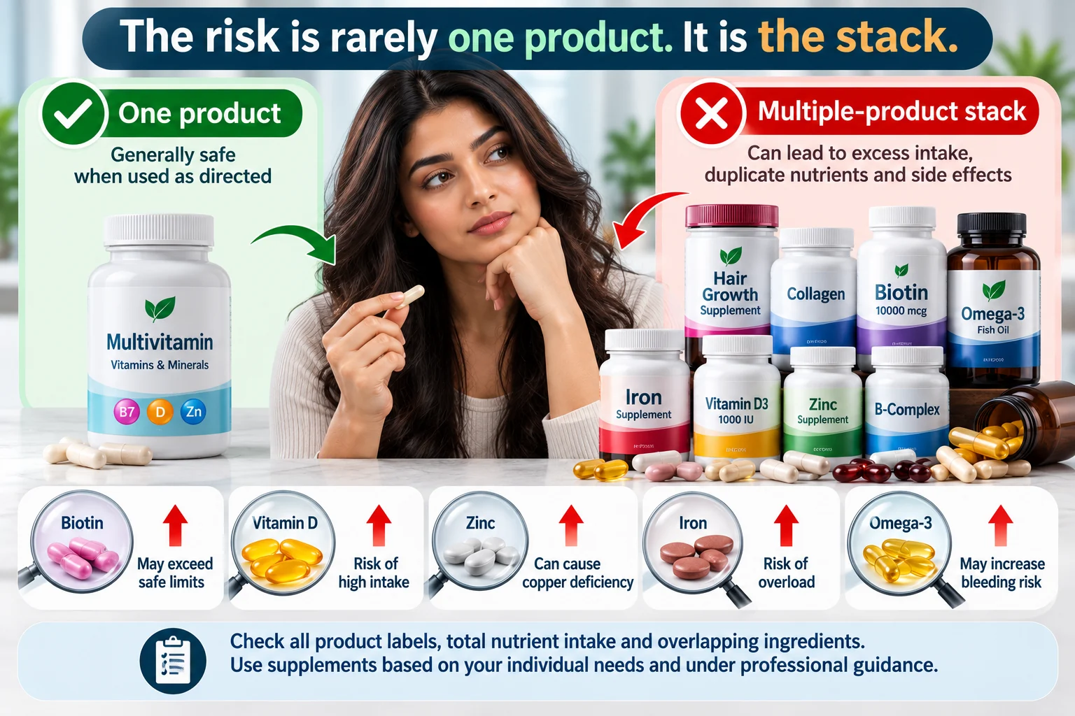 Hair supplement stacking risk infographic showing labelled multivitamin, biotin, iron, zinc, vitamin D, collagen and omega-3 bottles with warnings about duplicate nutrients and excessive intake.