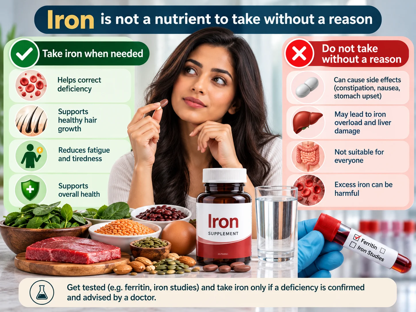 Iron supplement safety infographic showing a labelled iron supplement bottle, iron-rich foods, ferritin blood testing, benefits of correcting iron deficiency and risks of excess iron intake.