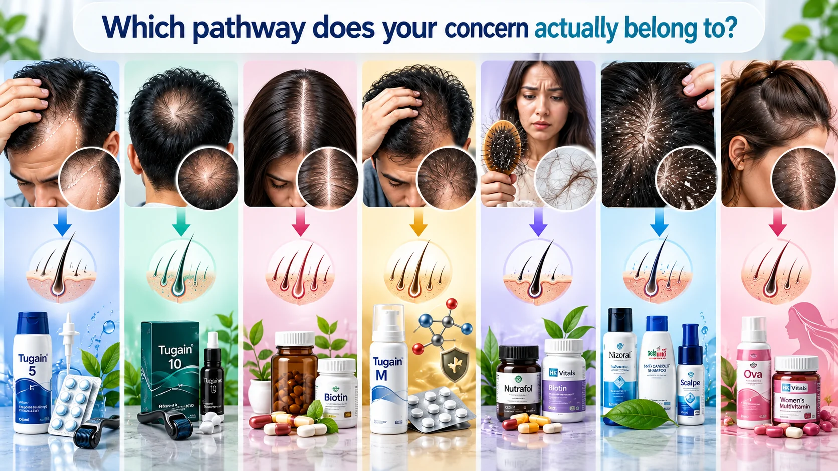 Hair loss and scalp concern comparison infographic showing receding hairline, crown thinning, widening hair part, pattern hair loss, excessive shedding, dandruff and female hair thinning with labelled haircare products.