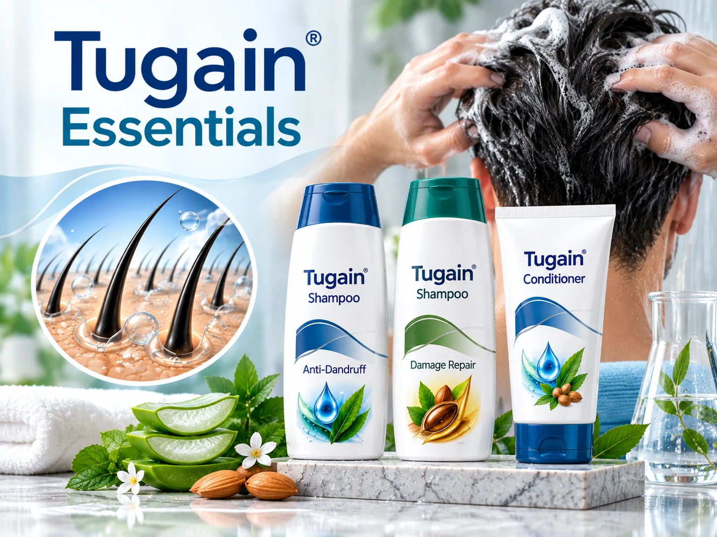 Tugain Essentials haircare illustration featuring labelled shampoo and conditioner bottles, a person washing their hair, and a scalp-care visual.
