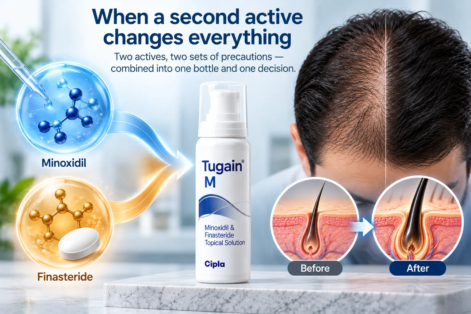 Medical illustration showing minoxidil and finasteride as two active ingredients in a combination topical hair-loss treatment, with hair follicle diagrams and a Tugain-branded bottle.