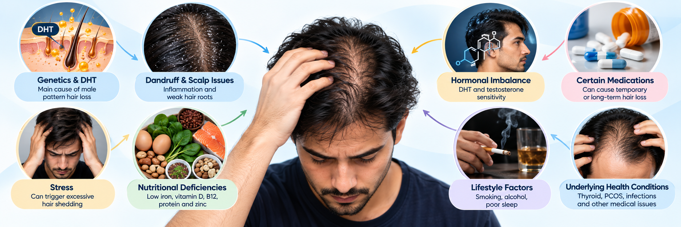 Causes of hair loss in men including DHT, dandruff, stress, nutritional deficiencies and lifestyle factors