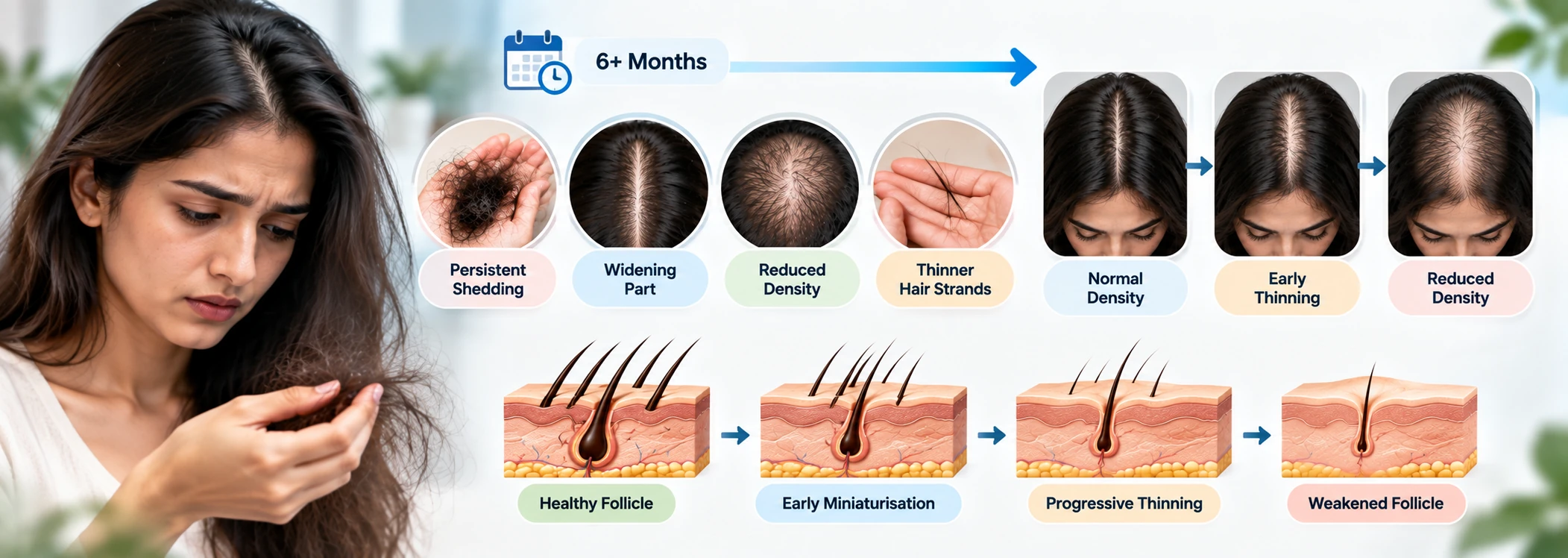 Chronic hair fall showing persistent shedding for over six months with widening part and reduced hair density