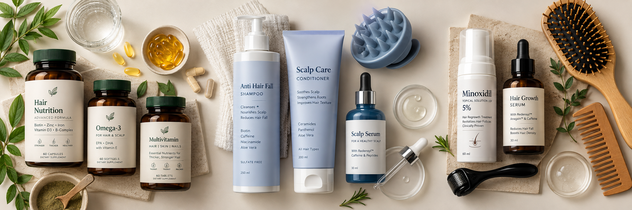 Chronic hair fall support kits for nutrition, scalp care and hair density support