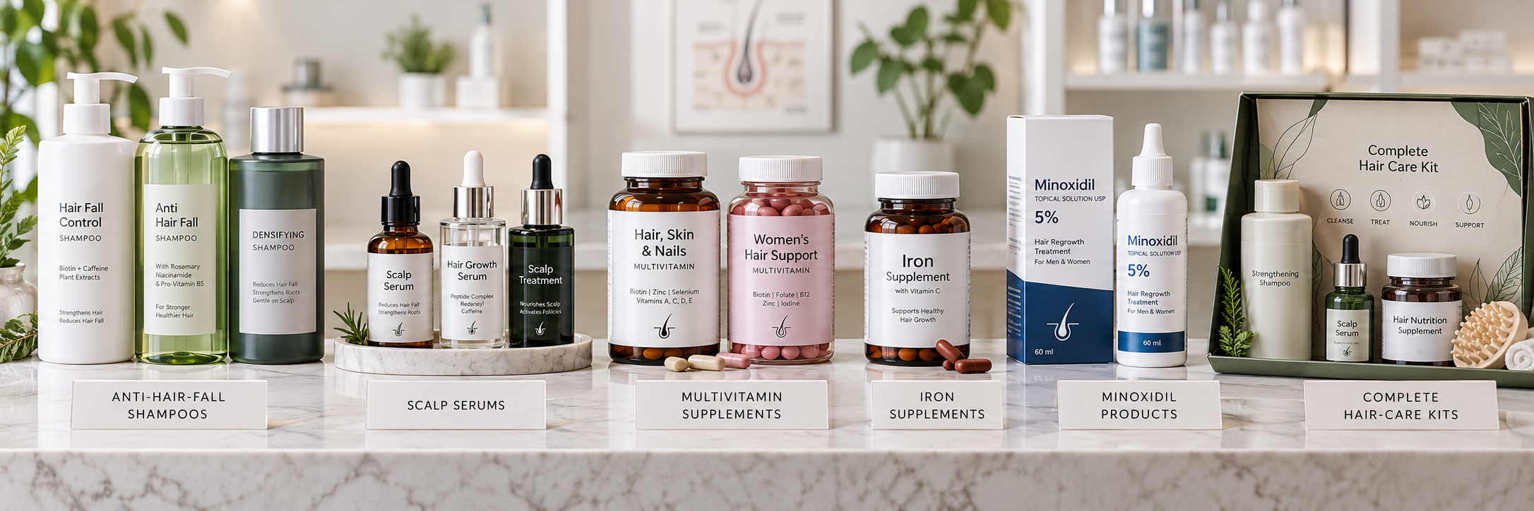 Chronic hair fall support categories including shampoos, scalp serums, multivitamins, iron supplements, Minoxidil and hair-care kits
