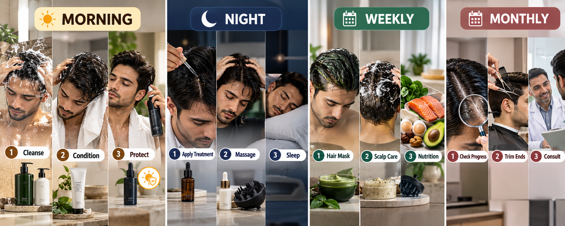 Chronic hair fall routine with morning, night, weekly and monthly hair care steps