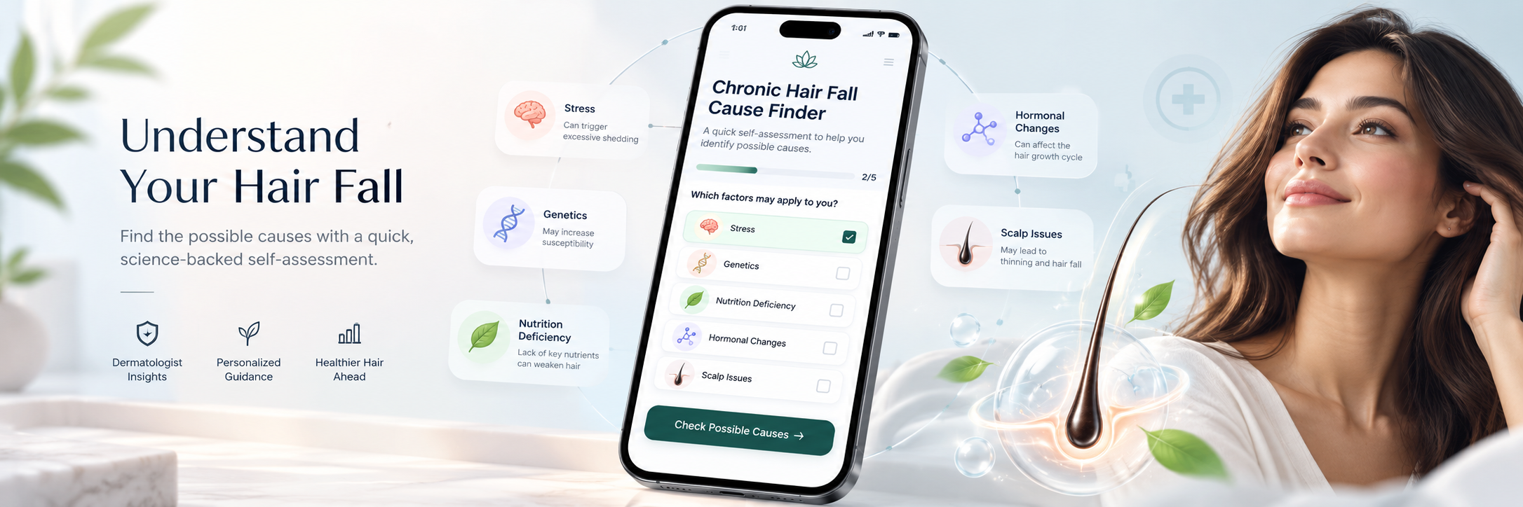 Chronic hair fall cause finder self-assessment on a smartphone showing stress, genetics, nutrition deficiency, hormonal changes and scalp issues