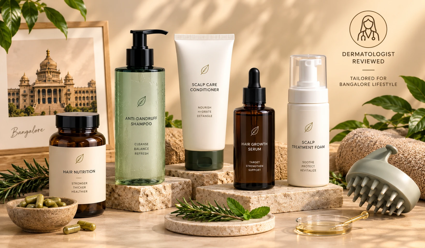 Dermatologist-reviewed Bangalore haircare bundle featuring shampoo, conditioner, serum and scalp care products.