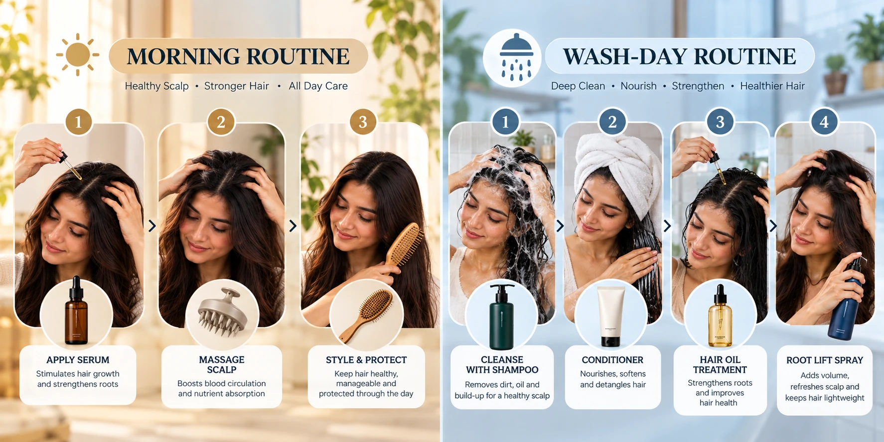 Routine steps — morning & wash-day visual