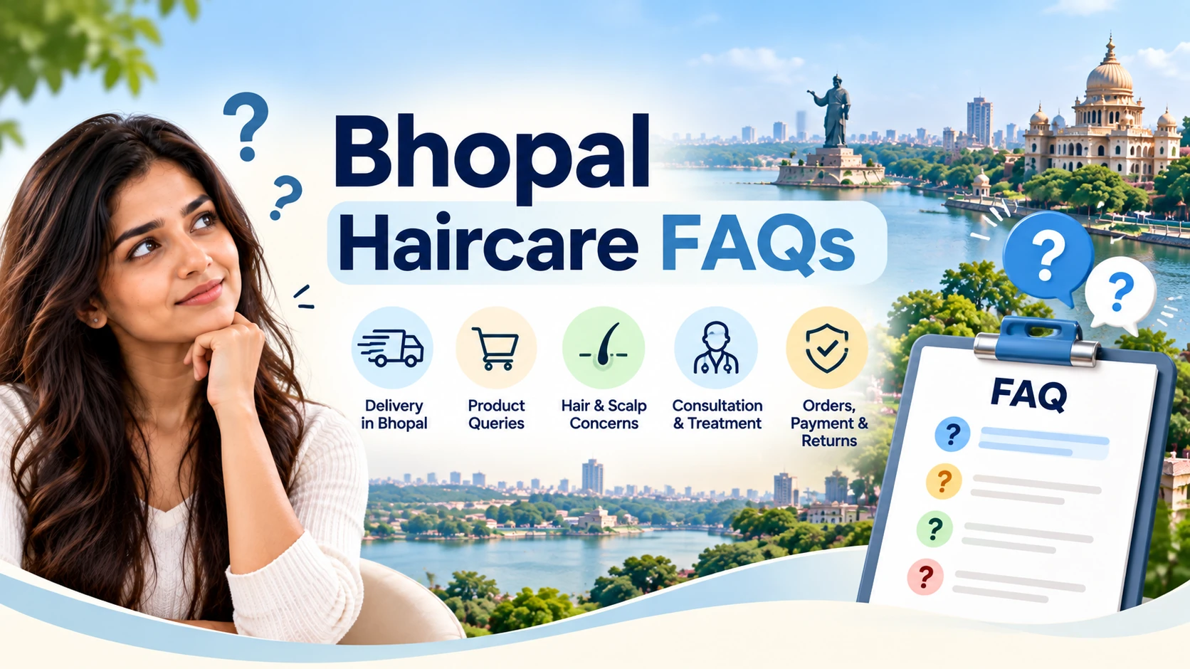 Bhopal haircare FAQs banner covering local hair, scalp, product, consultation and delivery questions.