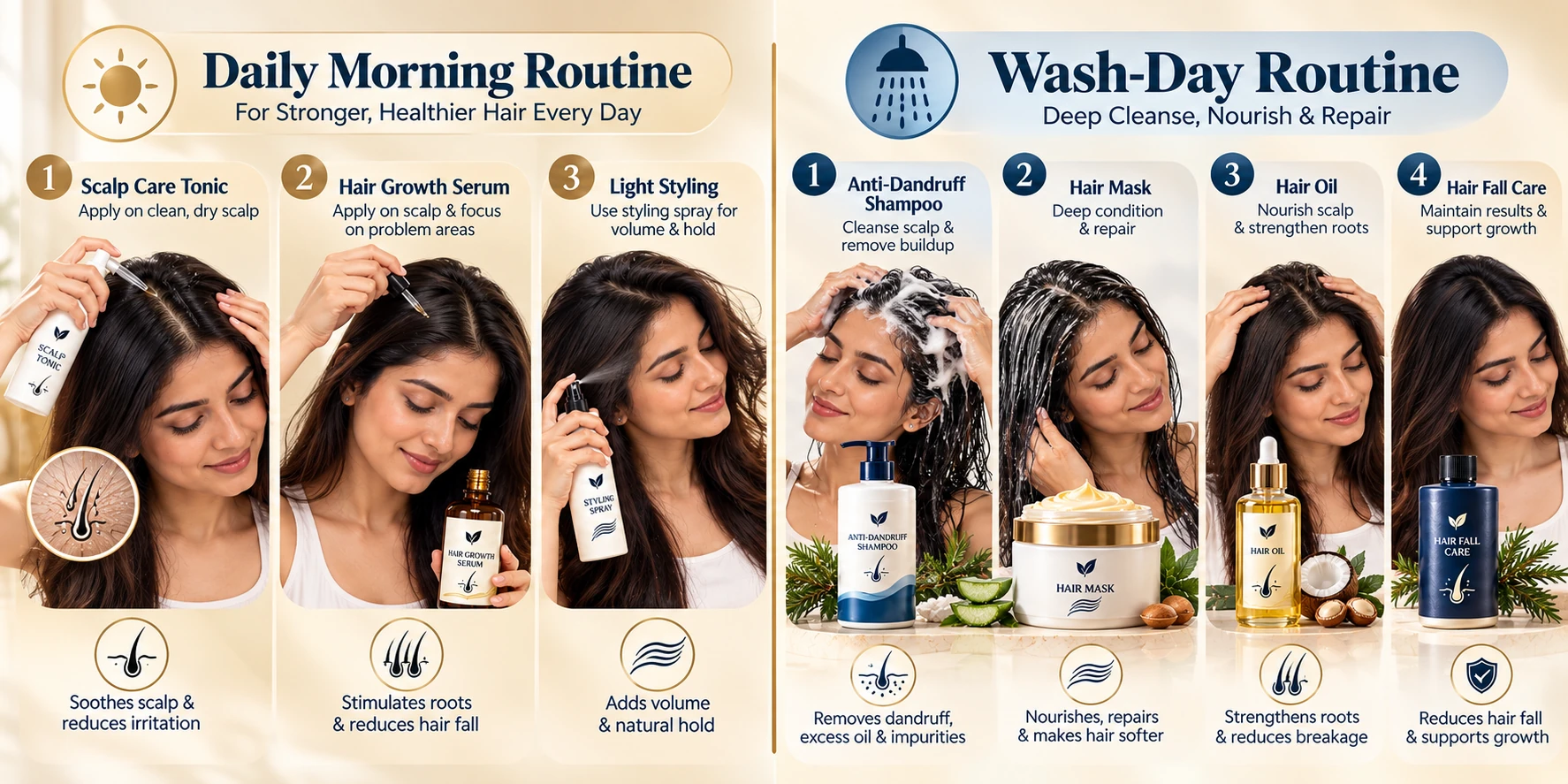 Routine steps — morning & wash-day visual