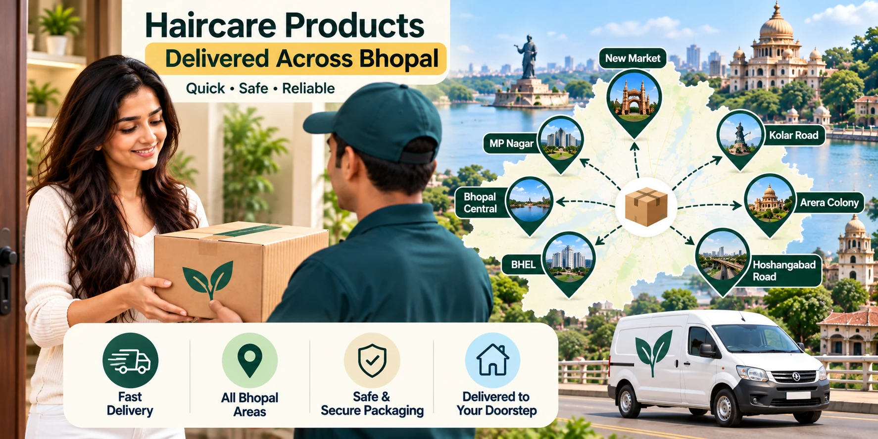 Haircare product delivery across Bhopal areas by pin code with doorstep delivery and secure packaging.
