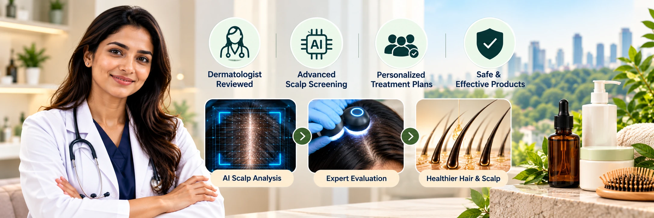 Doctor-reviewed haircare visual featuring dermatologist guidance, AI scalp screening and personalized haircare assessment.