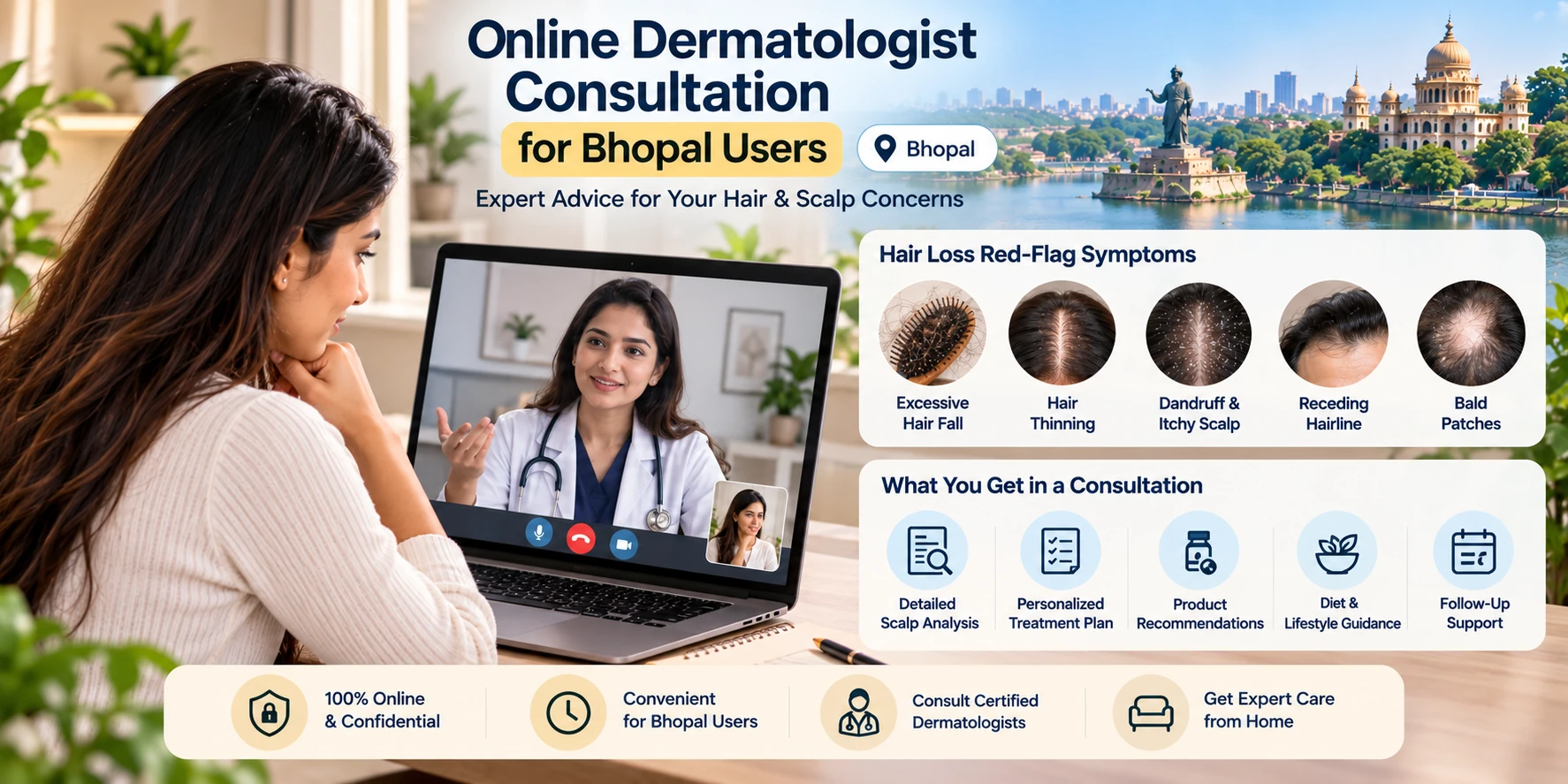 Online dermatologist consultation for Bhopal hair loss and scalp concerns, including thinning, dandruff, receding hairline and bald patches.