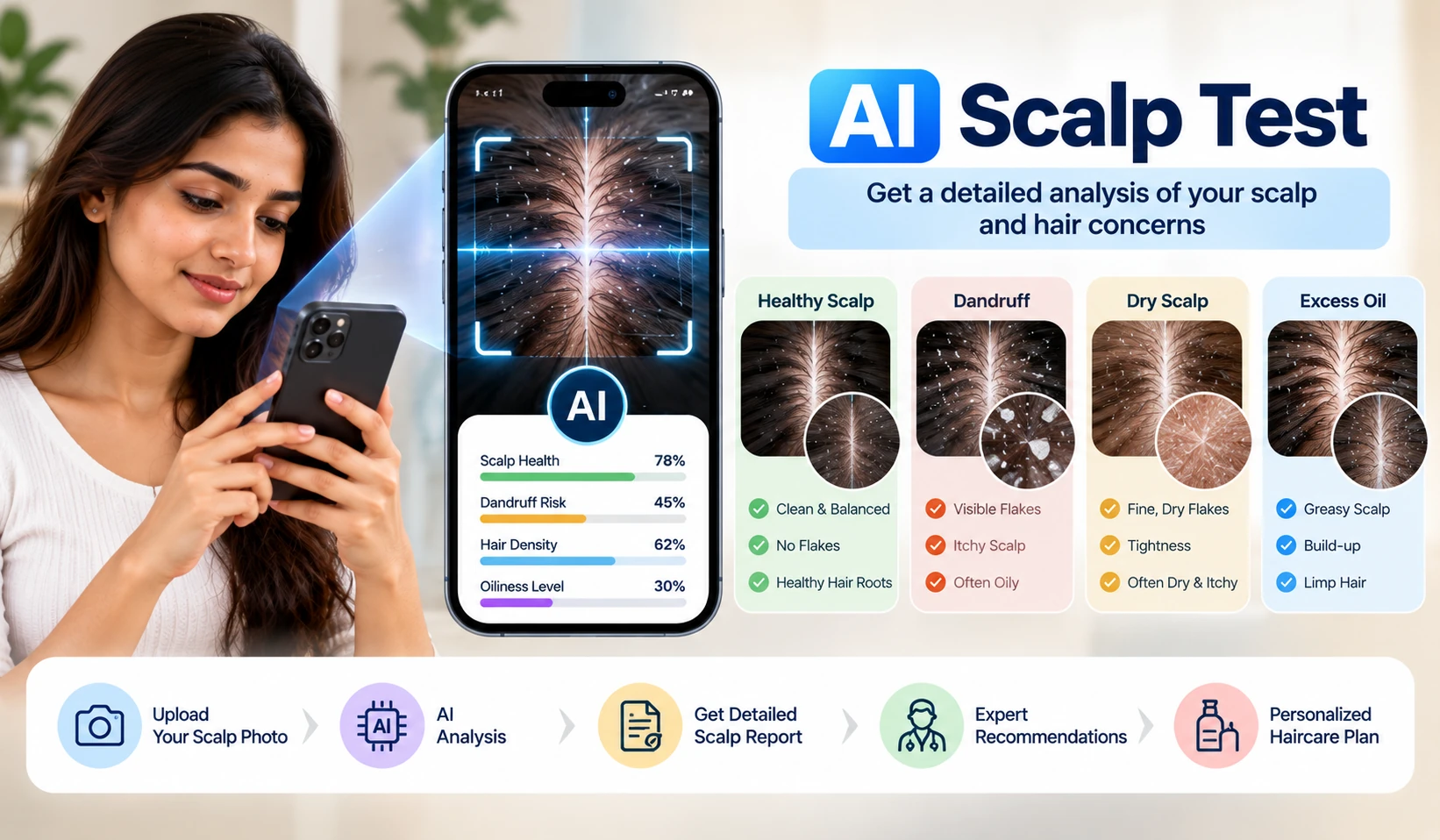 AI Scalp Test visual showing scalp analysis with comparisons for dandruff, dry scalp, excess oil and healthy scalp.
