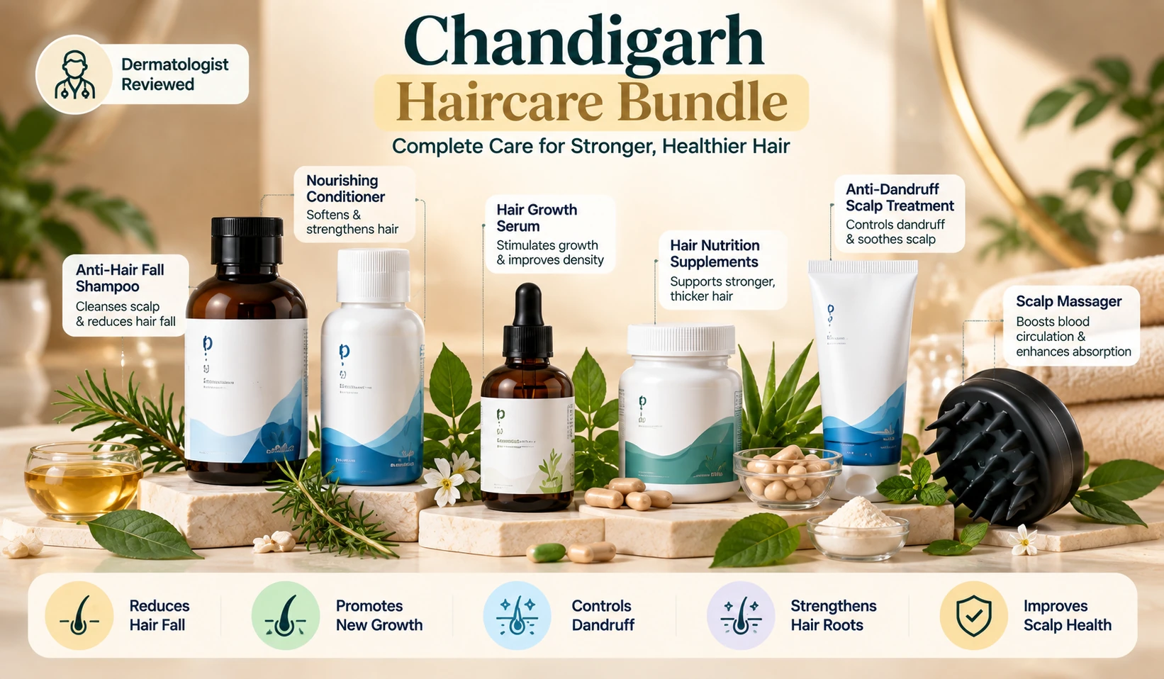 Dermatologist-reviewed Chandigarh haircare bundle featuring shampoo, conditioner, serum, supplements, scalp treatment and scalp massager.