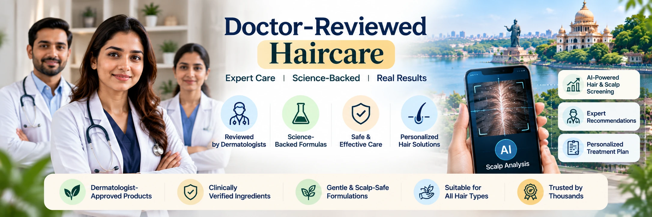 Doctor-reviewed haircare visual featuring dermatologist guidance, AI scalp screening and personalized haircare assessment.