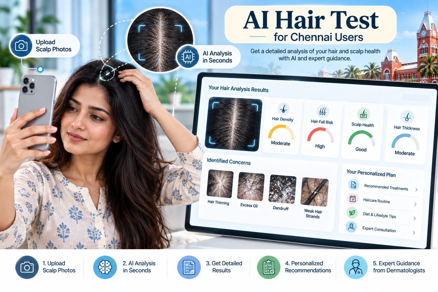AI Hair Test dashboard preview for Chennai users showing scalp analysis, hair density, hair fall risk and personalized haircare guidance.