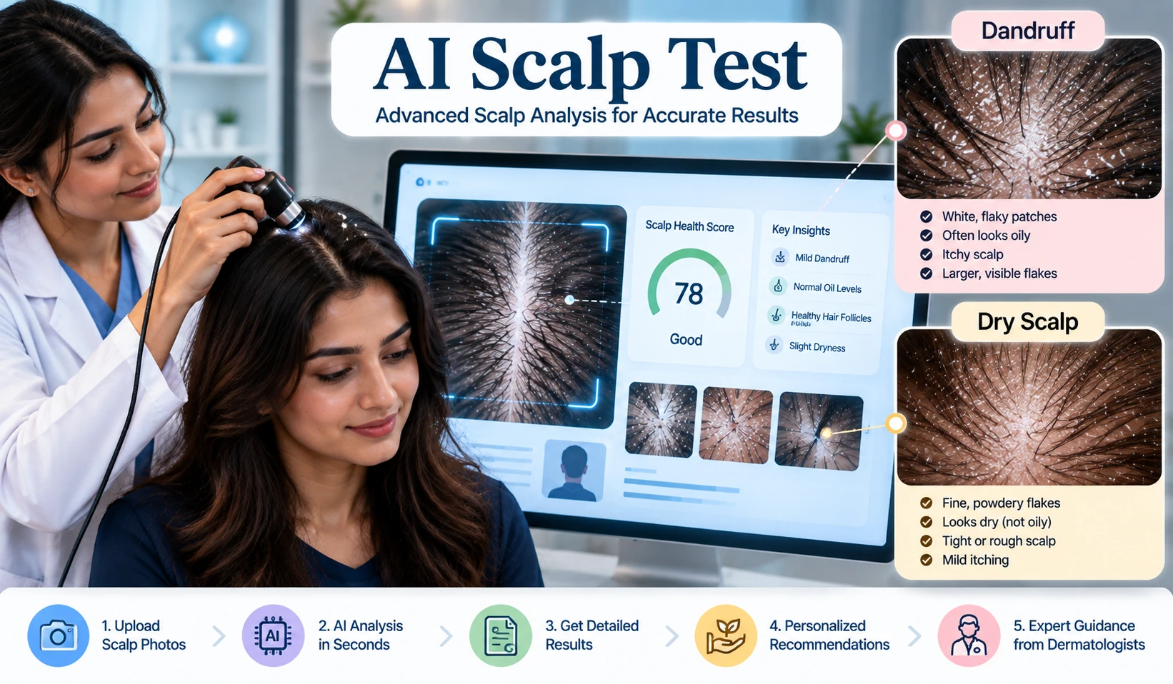 AI Scalp Test visual showing scalp analysis and labeled comparison of dandruff and dry scalp.