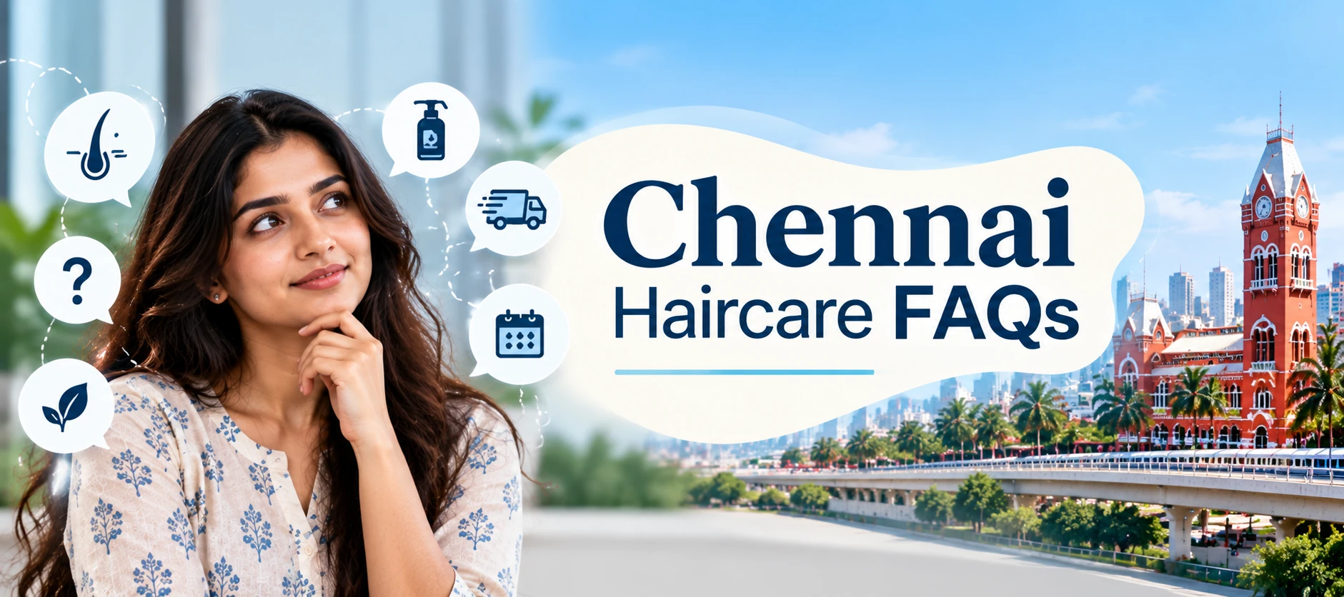 Chennai haircare FAQs banner covering hair, scalp, product, consultation and delivery questions.