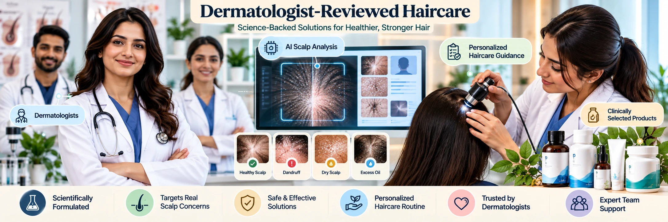 Dermatologist-reviewed haircare visual featuring AI scalp analysis, expert consultation and personalized haircare guidance.