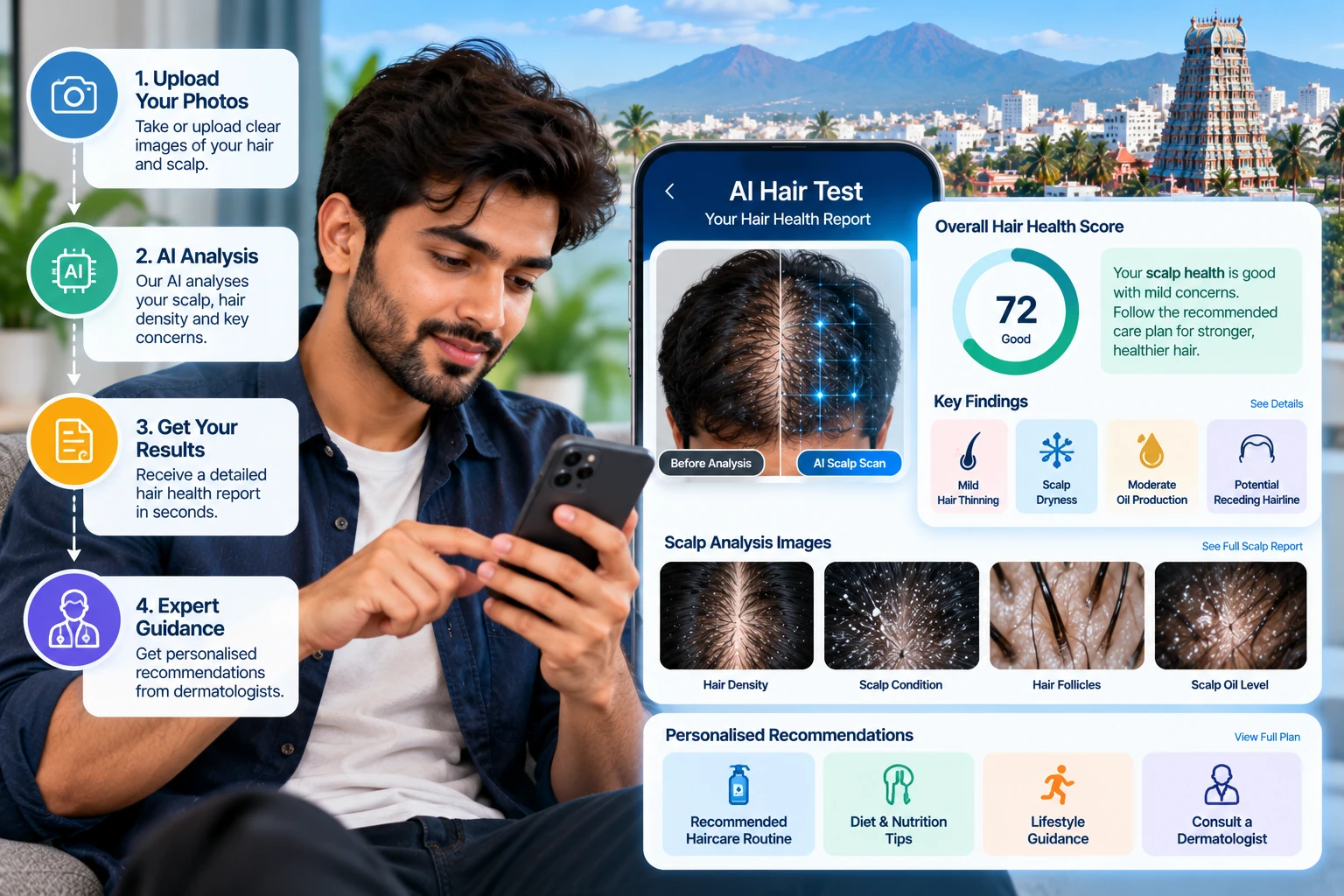 AI Hair Test dashboard preview for Coimbatore users showing scalp analysis, hair density, scalp condition and personalized haircare guidance.