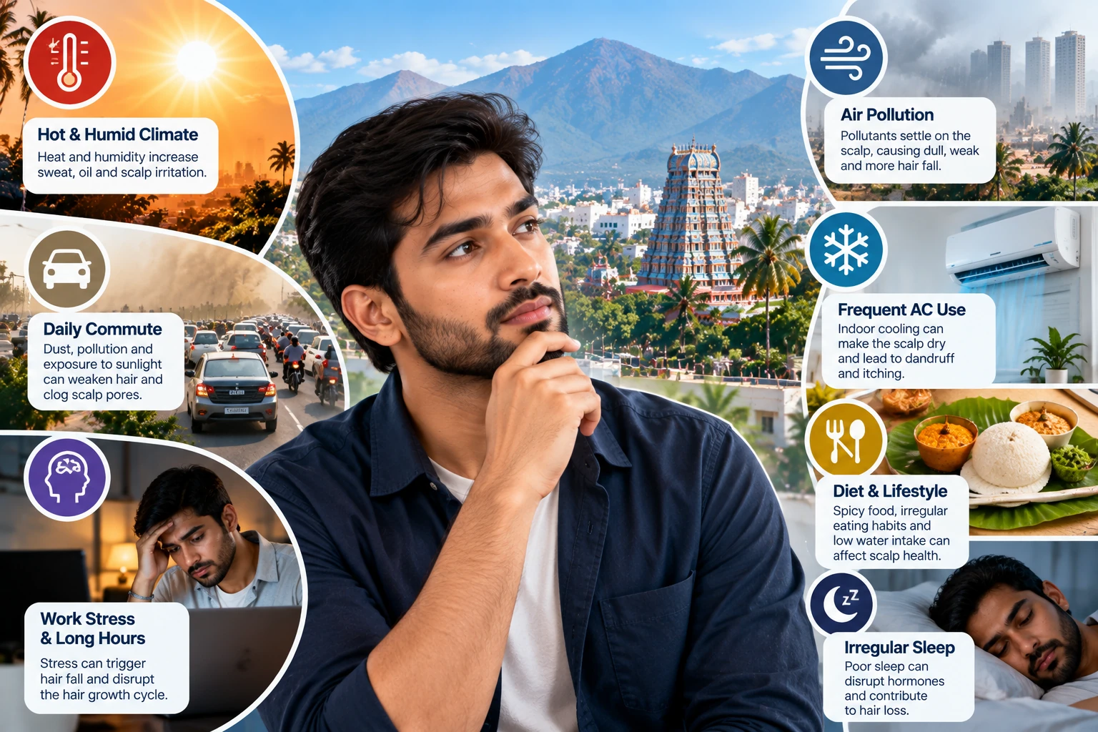Coimbatore climate and lifestyle factors affecting men’s hair and scalp care, including heat, pollution, commuting, AC use, diet and sleep.
