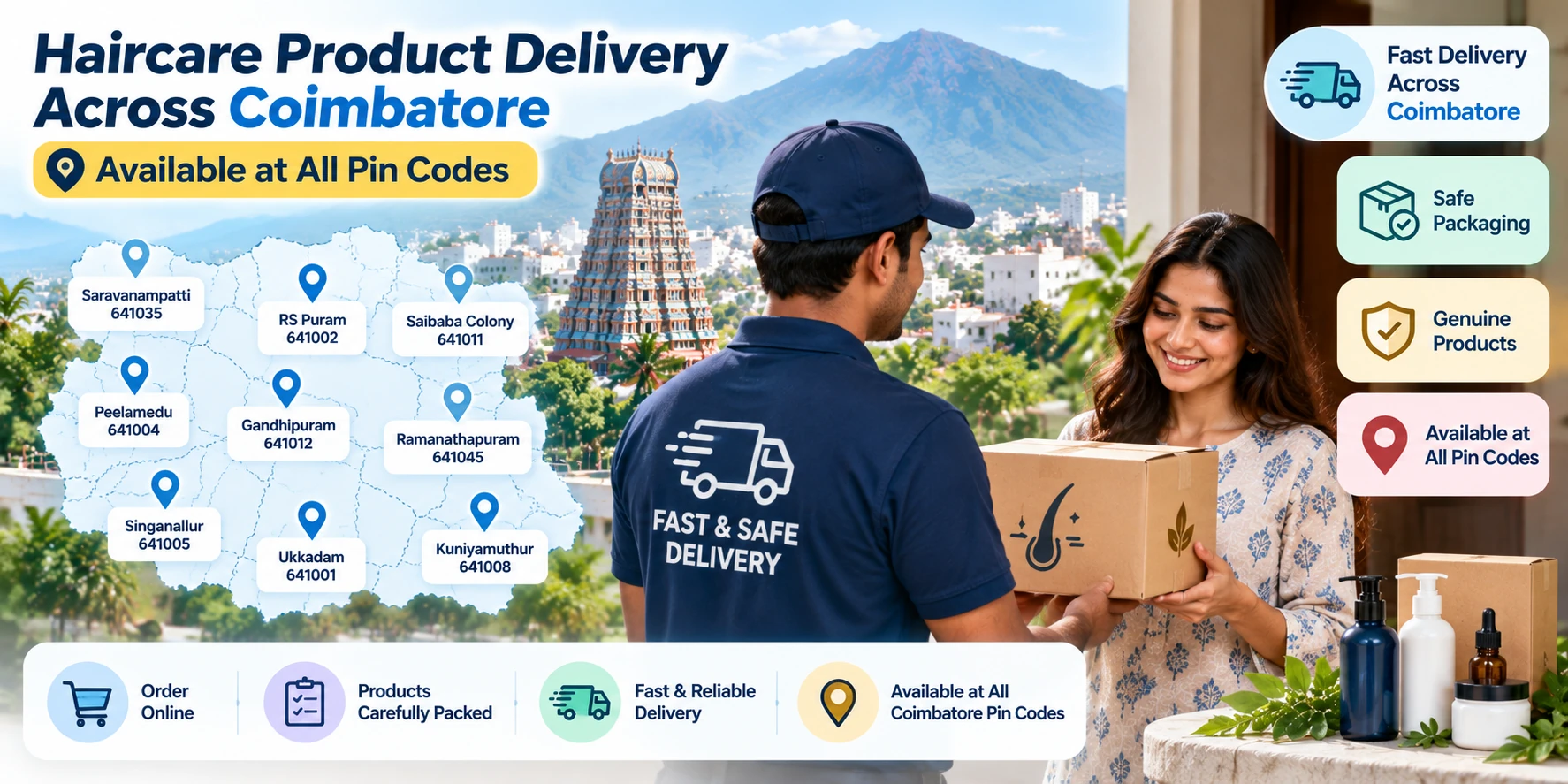 Haircare product delivery across Coimbatore areas by pin code with labeled service coverage and doorstep delivery.