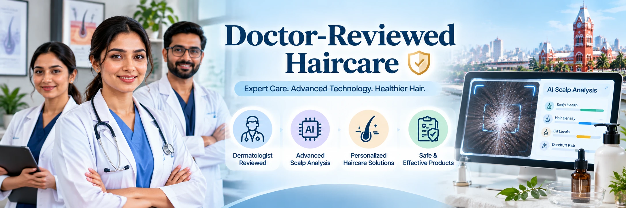 Doctor-reviewed haircare visual featuring dermatologist guidance, AI scalp analysis, personalized haircare solutions and selected products.