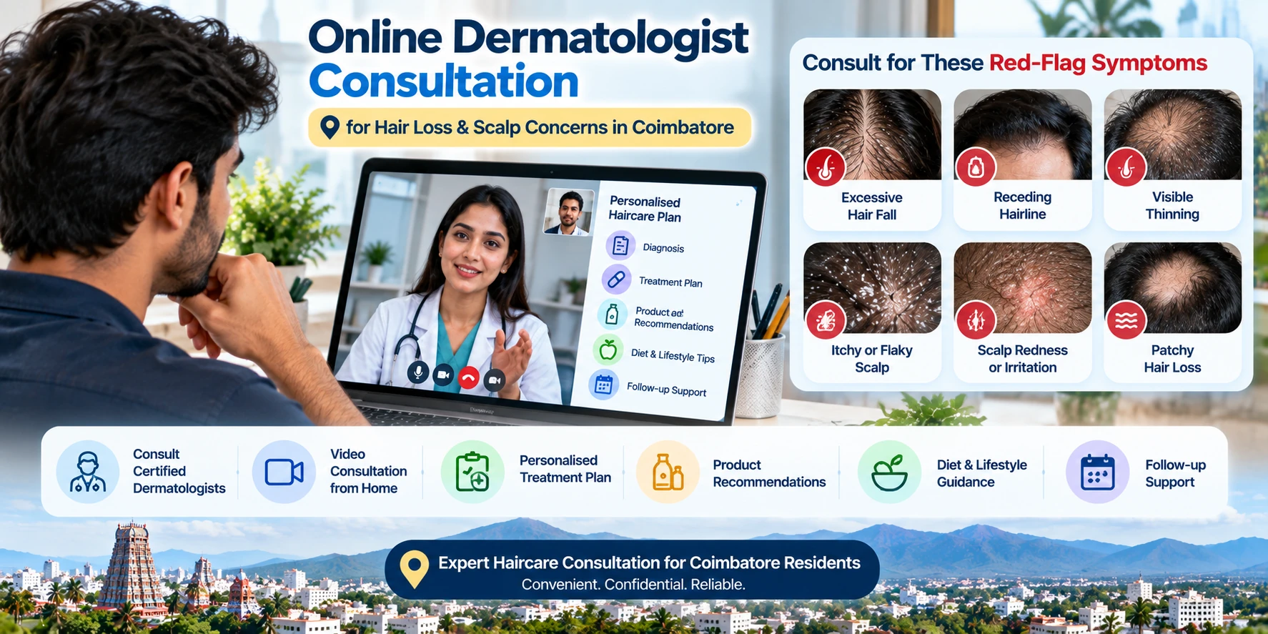 Online dermatologist consultation for Coimbatore hair loss and scalp concerns with labeled red-flag symptoms.