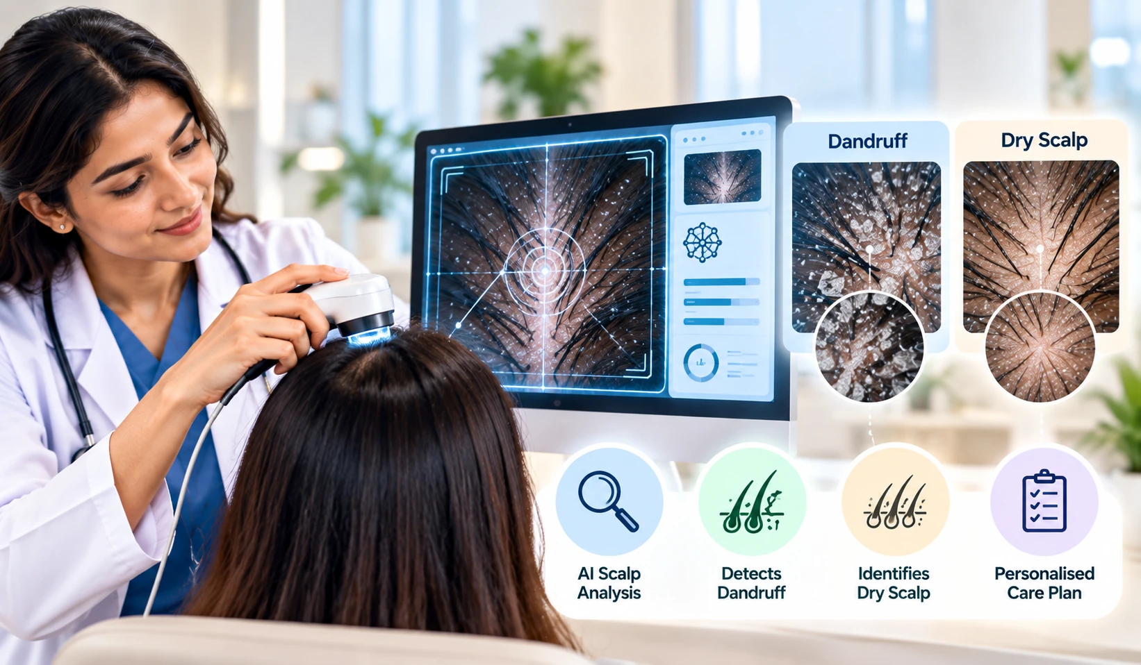 AI Scalp Test visual showing scalp analysis with labeled comparisons between dandruff and dry scalp.