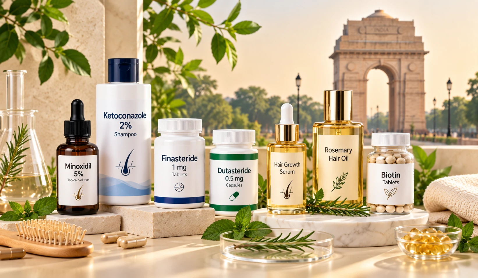 Dermatologist-reviewed Delhi haircare bundle featuring labeled hair loss, scalp care, serum, hair oil and supplement products.